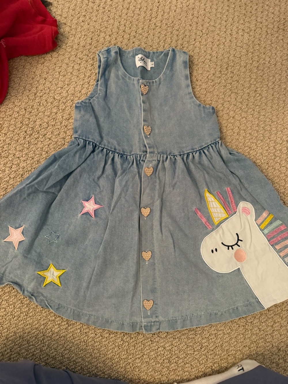 Girls' Light Blue Denim Unicorn Applique Dress with Heart Buttons